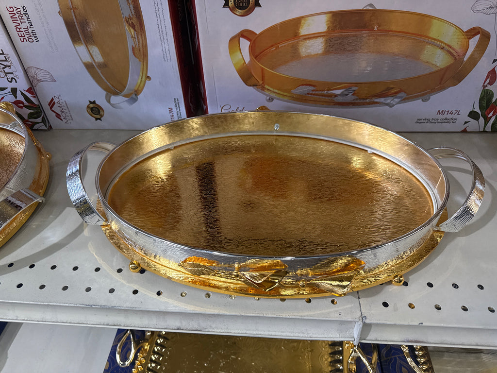 Momaz Arum Series Luxury Decorative Serving Tray – Elegant Gold Oval Tray with Silver Handles