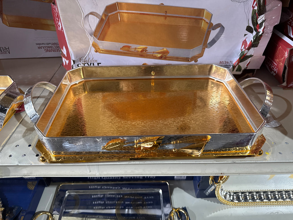 Momaz Arum Series Luxury rectangle Decorative Serving Tray – Gold & Silver Finish Large Serving Platter