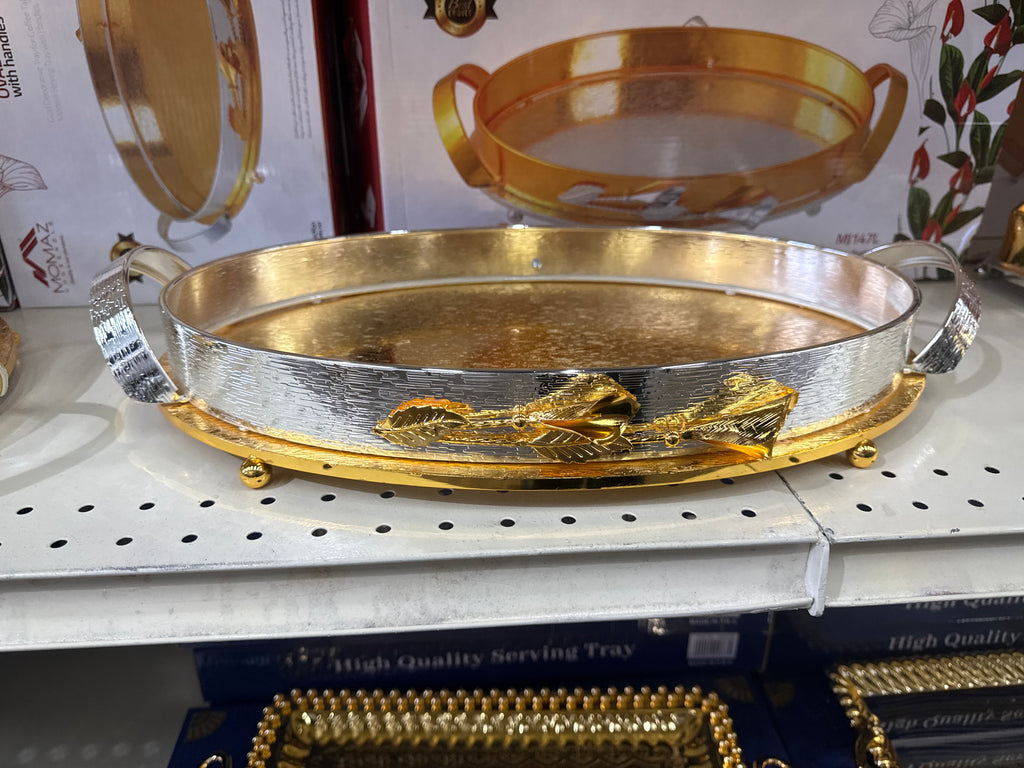Momaz Arum Series Luxury Decorative Serving Tray – Elegant Gold Oval Tray with Silver Handles