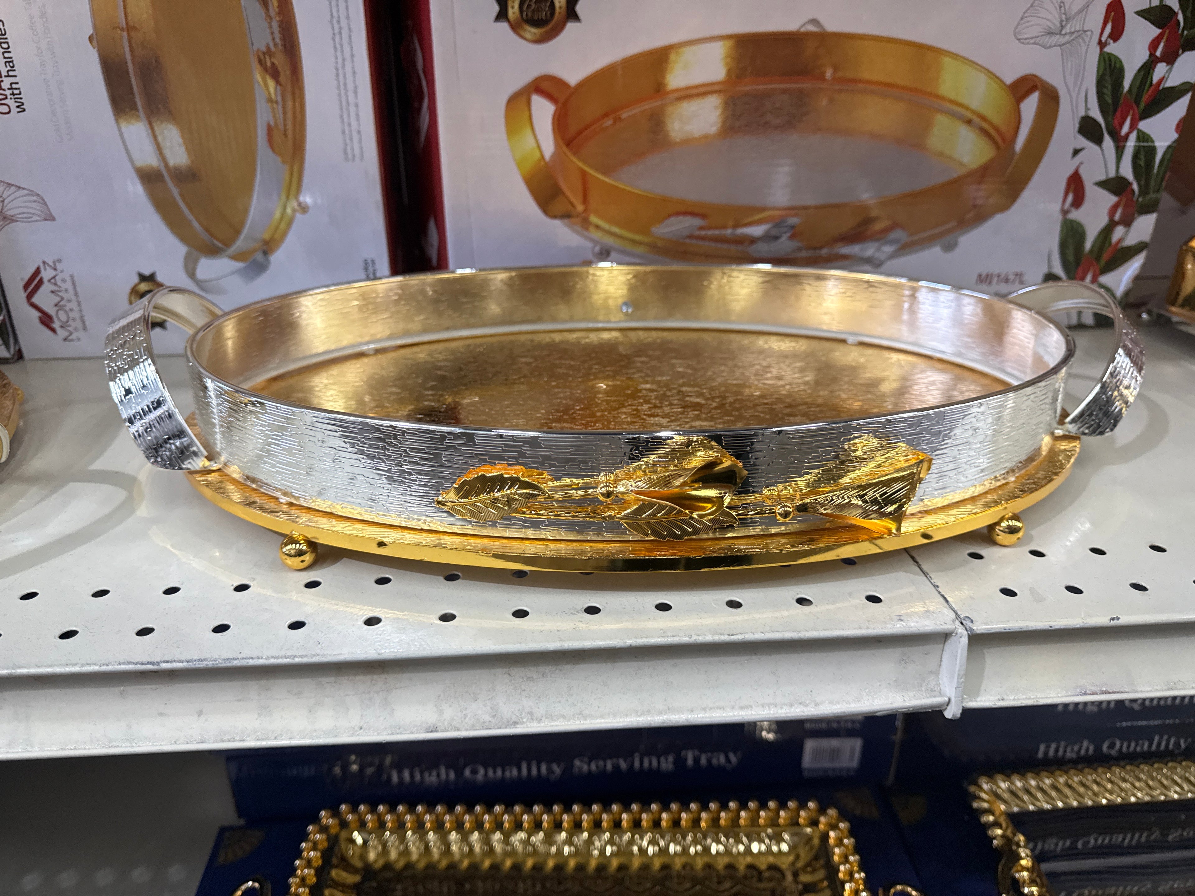 Momaz Arum Series Luxury Decorative Serving Tray – Elegant Gold Oval Tray with Silver Handles