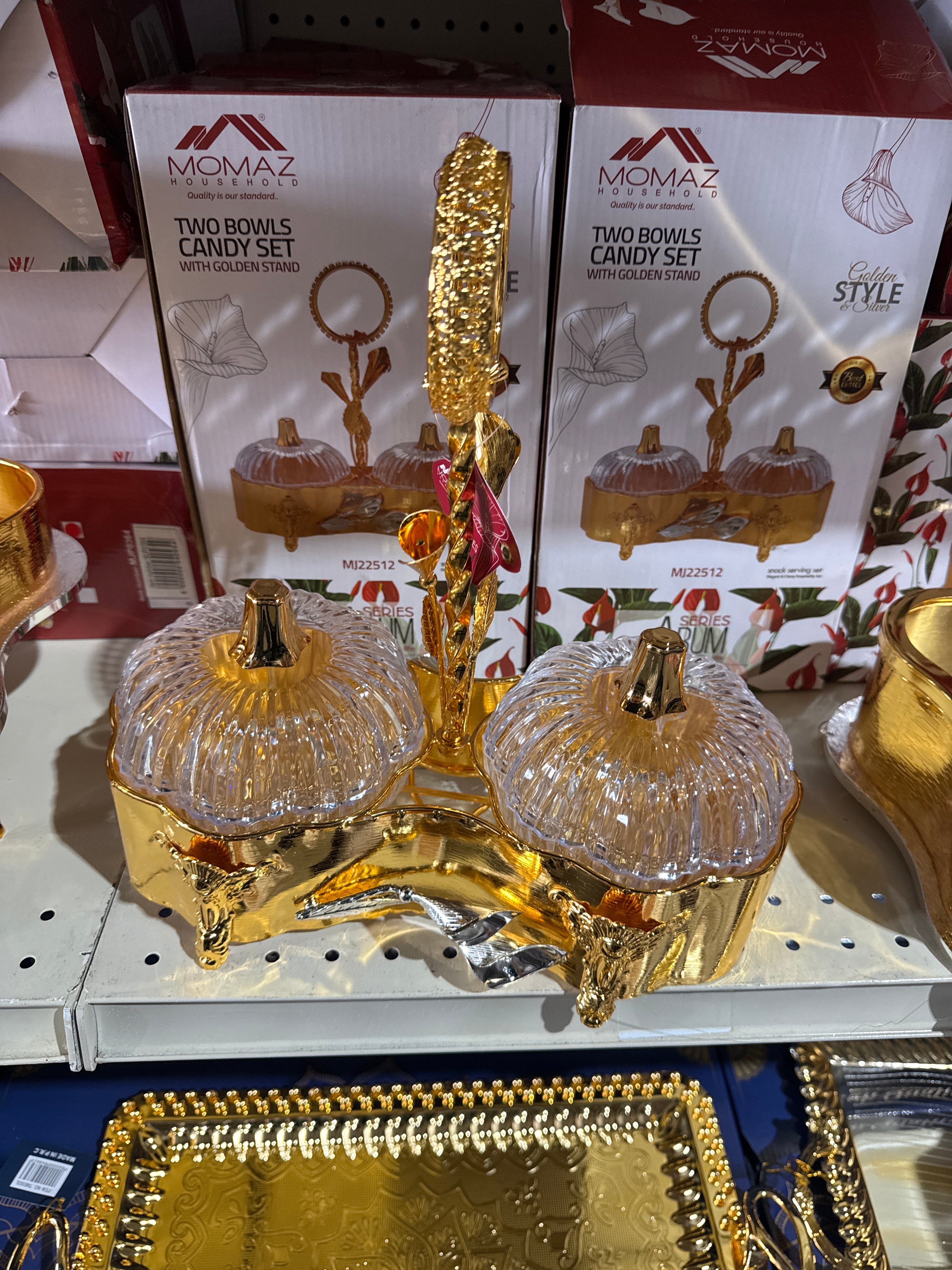 Arum Series Luxury Double Candy Jar Set – Gold Serving Tray with Glass Containers