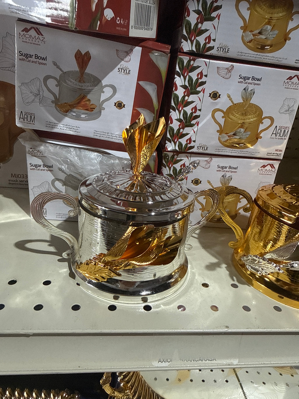 Arum Series Luxury Sugar Bowl – Silver & Gold Glass Jar with Lid & Spoon