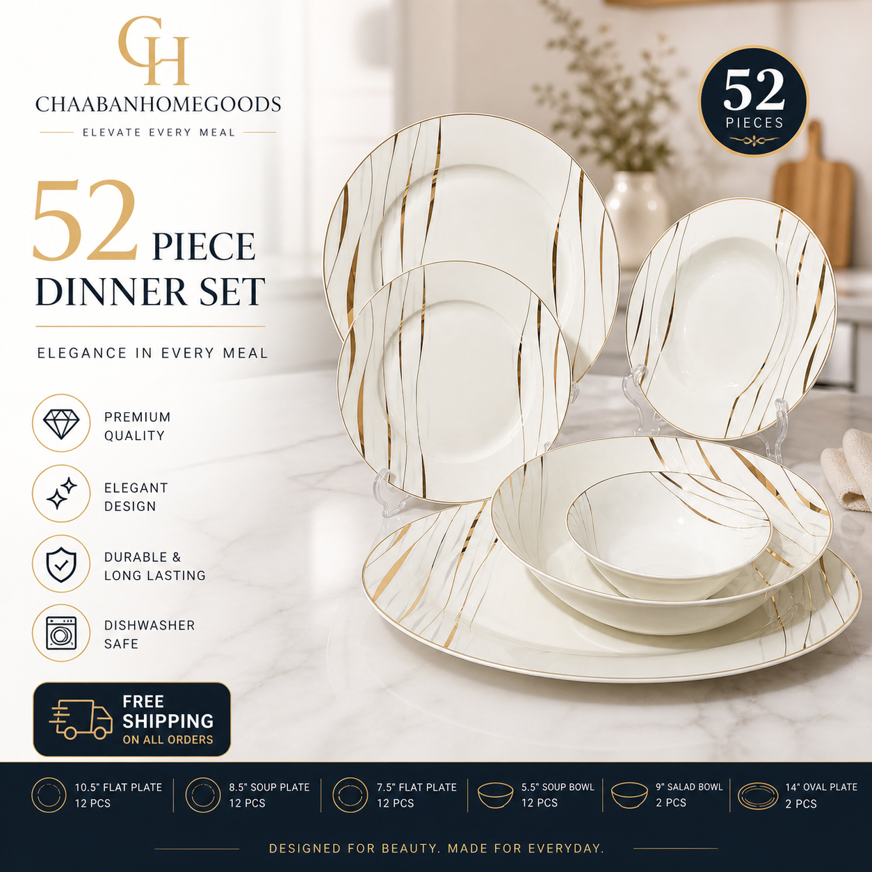 52-Piece Elegant Dinnerware Set – Premium Plates & Bowls | Modern Gold Design | Chaaban Homegoods