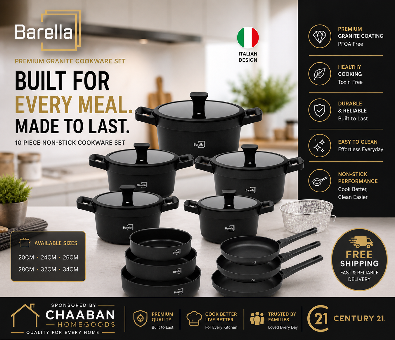 Barella 10-Piece Granite Non-Stick Cookware Set – Premium Italian Design | Durable, PFOA-Free | Sponsored by Chaaban Homegoods