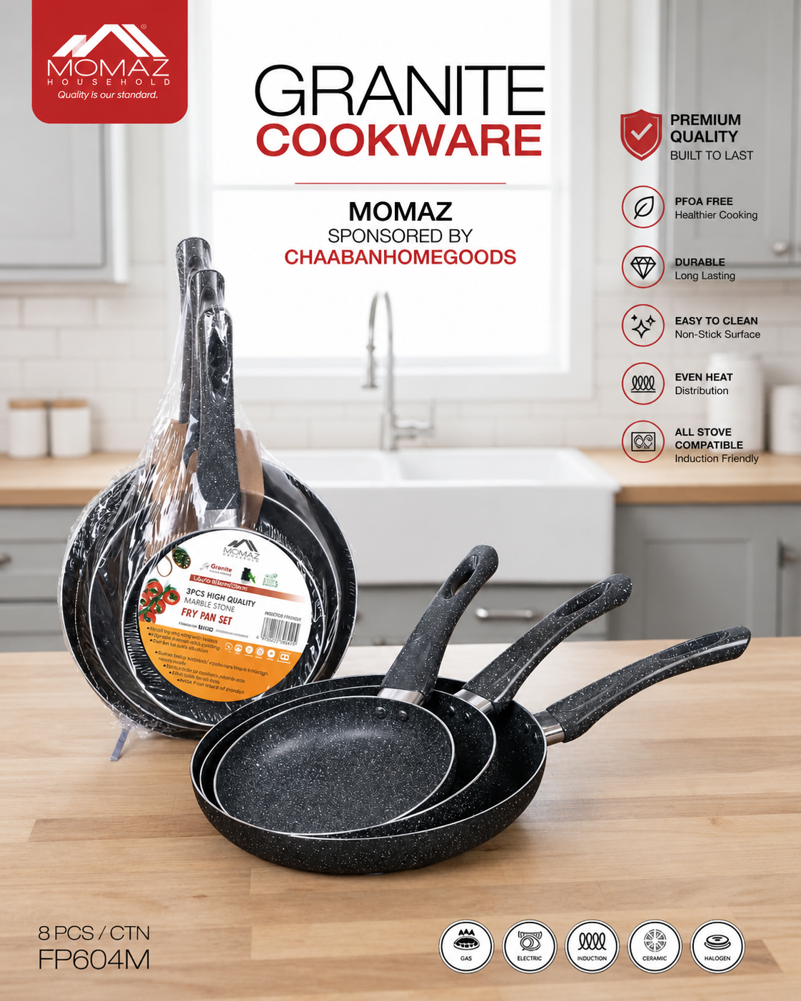 Momaz 3-Piece Granite Fry Pan Set – Non-Stick Marble Coating | Durable & PFOA-Free | Chaaban Homegoods