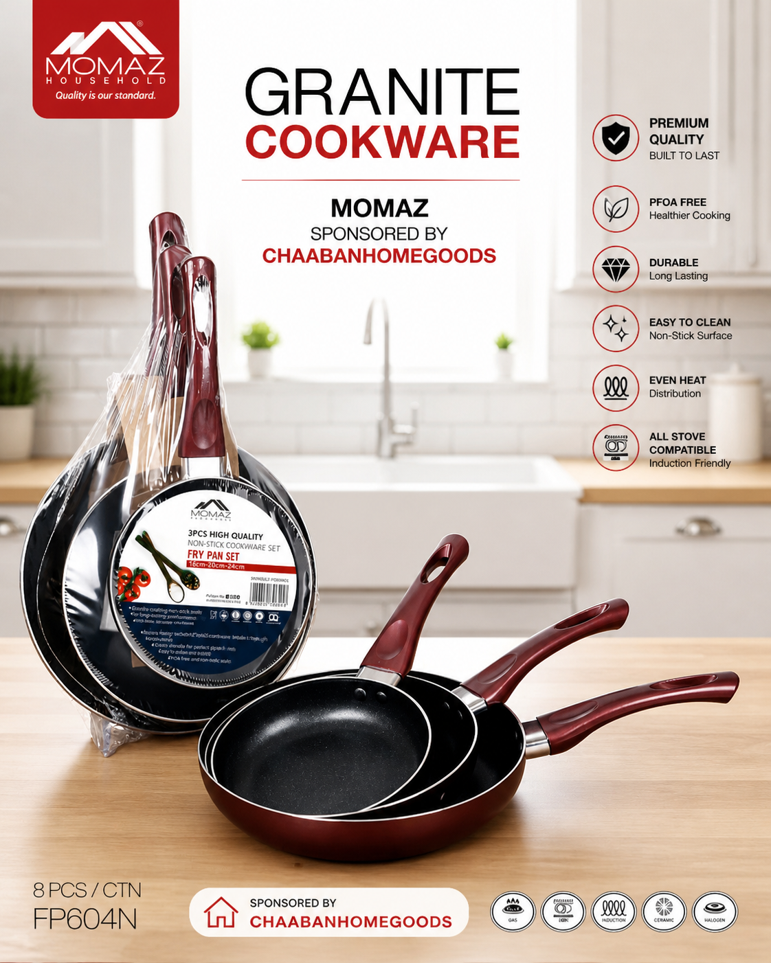Momaz 3-Piece Nonstick Fry Pan Set (Red) – PFOA-Free Cookware for All Stovetops