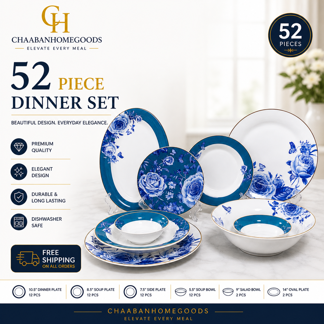 52-Piece Luxury Blue Floral Dinnerware Set – Elegant Porcelain Plates & Bowls (Chaabanhomegoods)