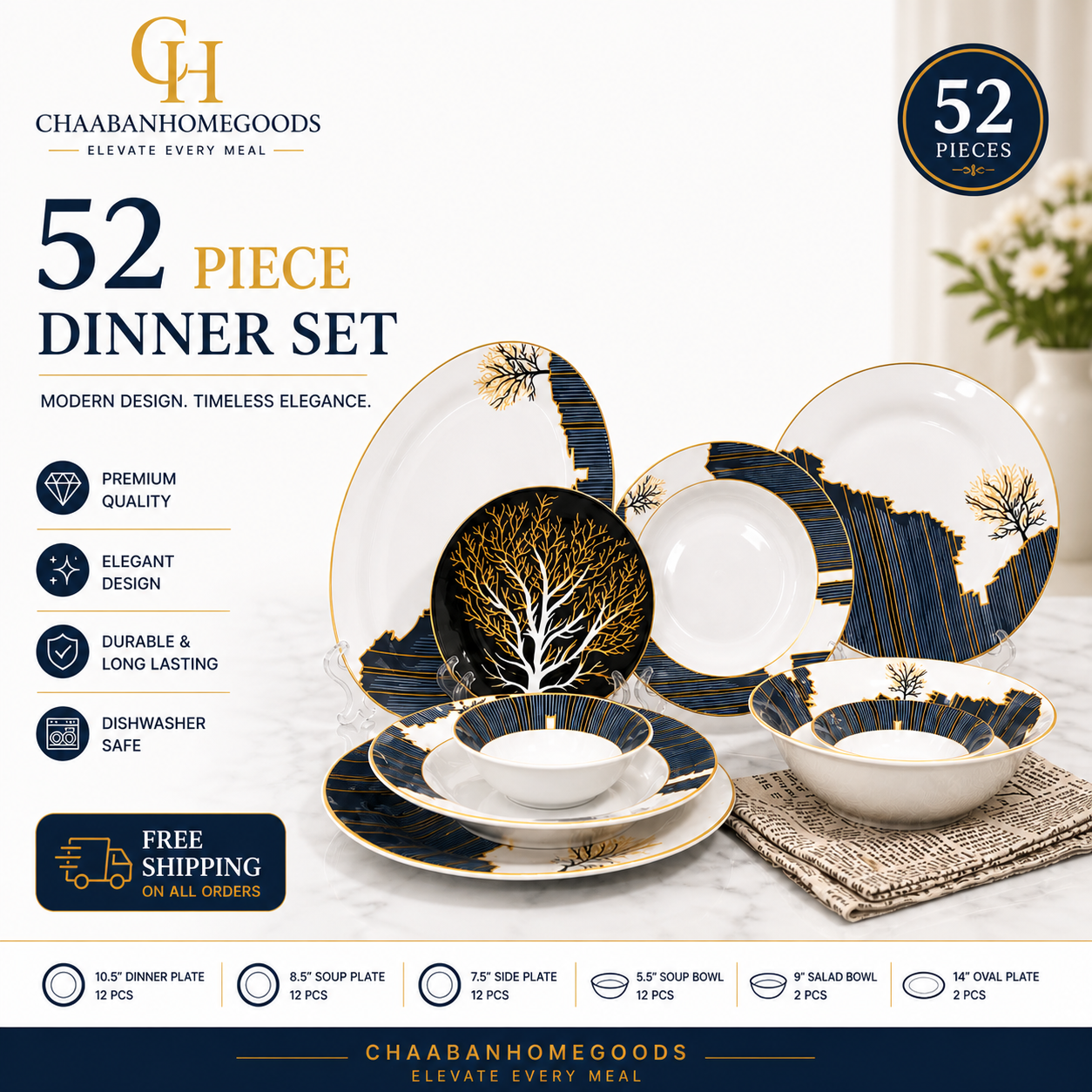 52-Piece Luxury Dinnerware Set – Black & Gold Modern Design | Premium Plates & Bowls | Chaaban Homegoods