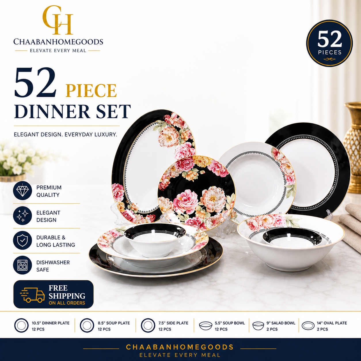 52-Piece Floral Dinnerware Set – Elegant Black & Gold Design | Premium Plates & Bowls | Chaaban Homegoods