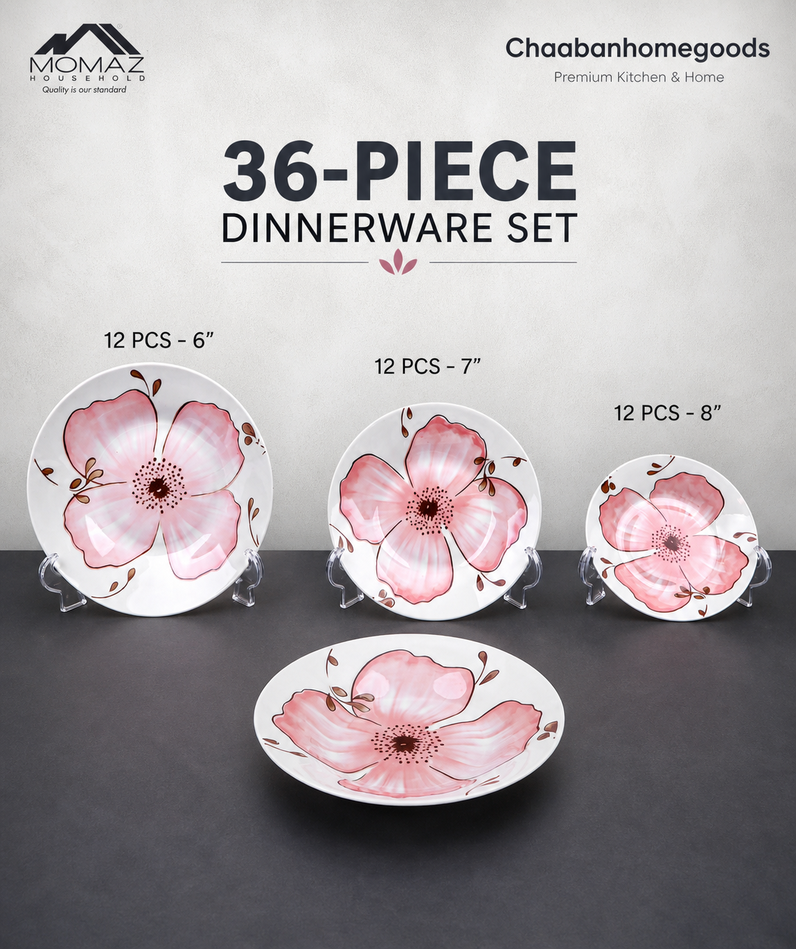 36-Piece Pink Floral Dinnerware Set – Elegant Modern Plates Collection (Momaz x Chaabanhomegoods)