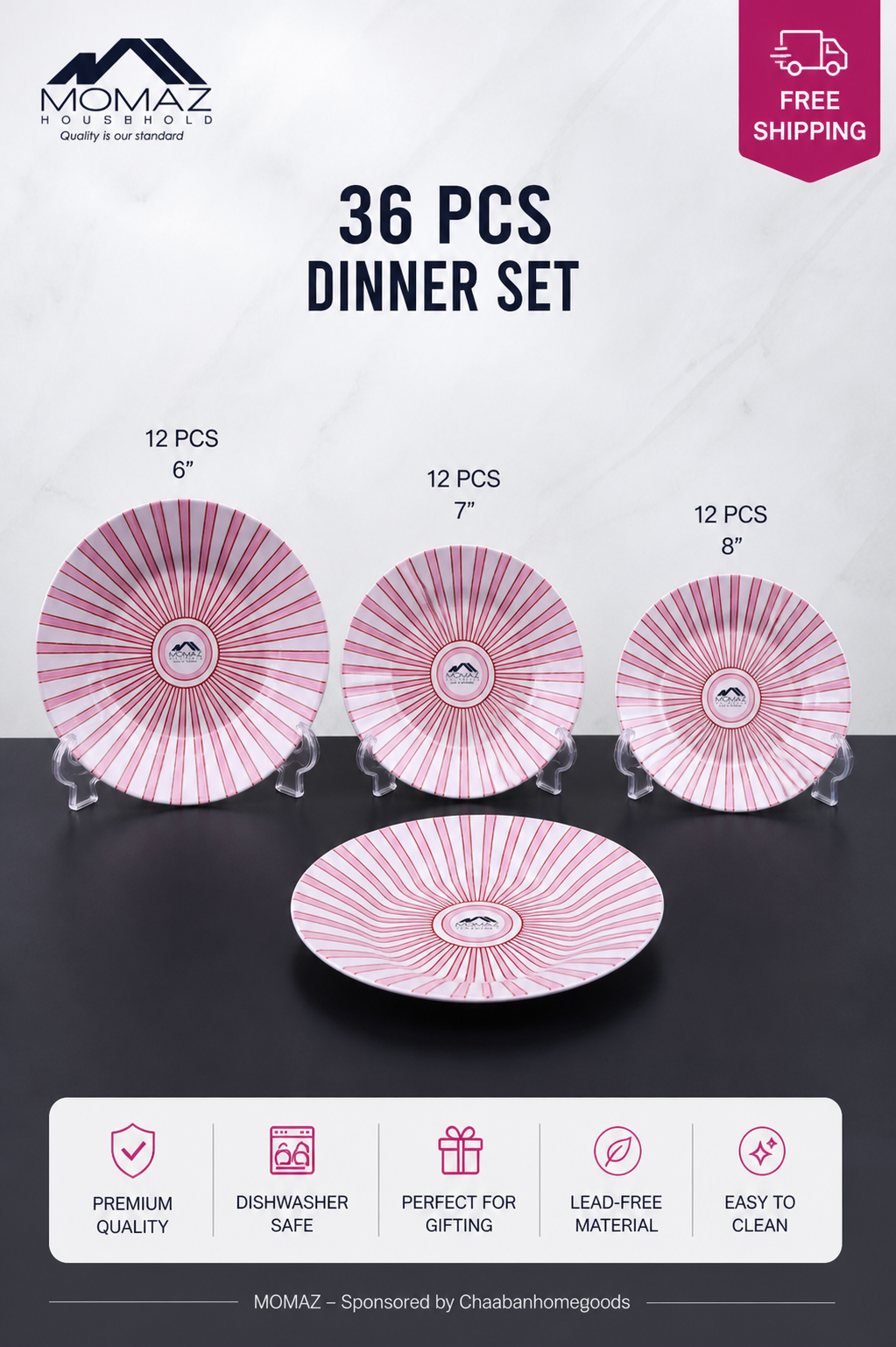 36-Piece Modern Pink Stripe Dinnerware Set – Momaz Premium Plates Collection