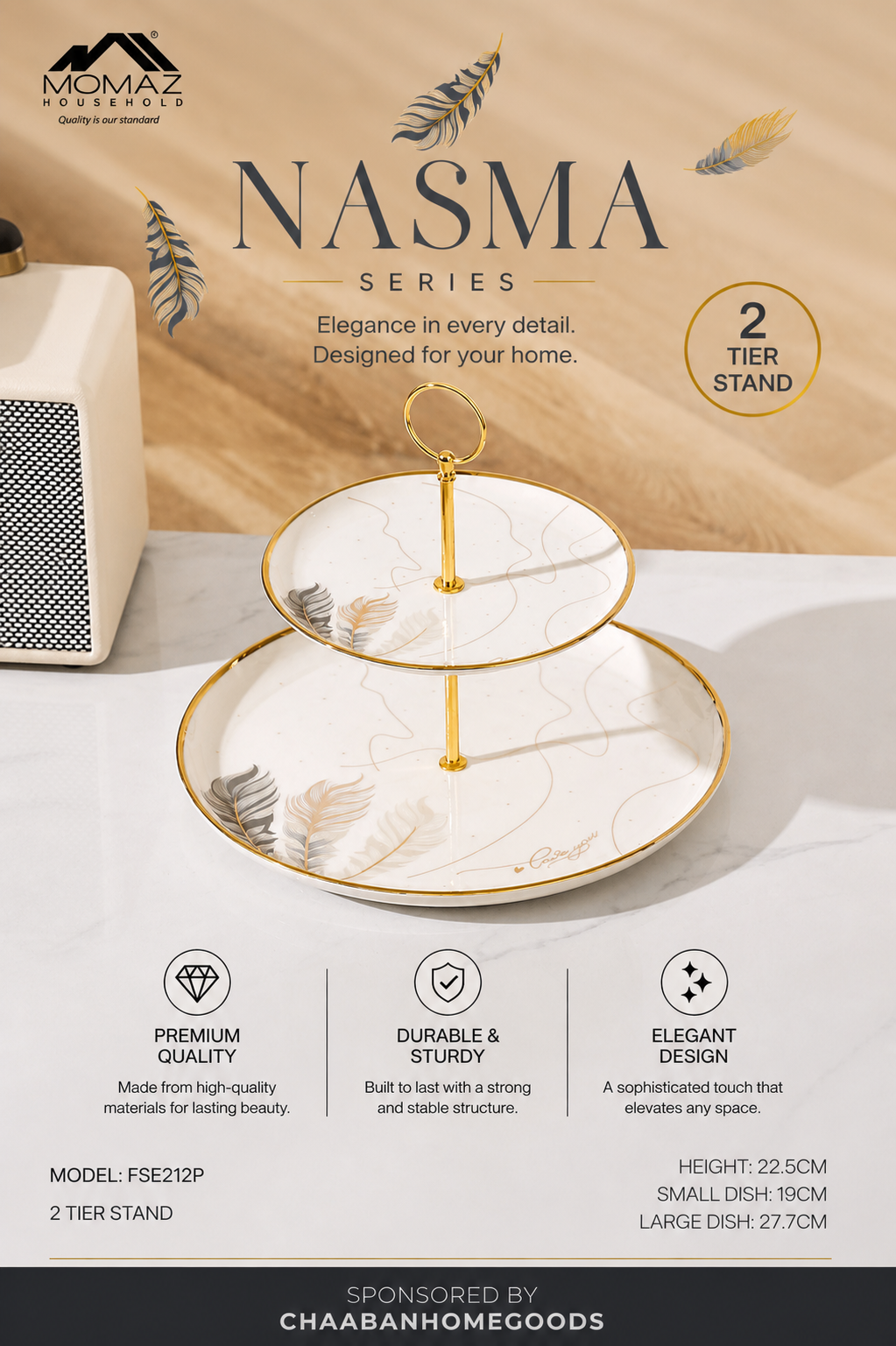 2-Tier Serving Tray with Gold Stand – NASMA Series | Elegant Dessert & Fruit Display
