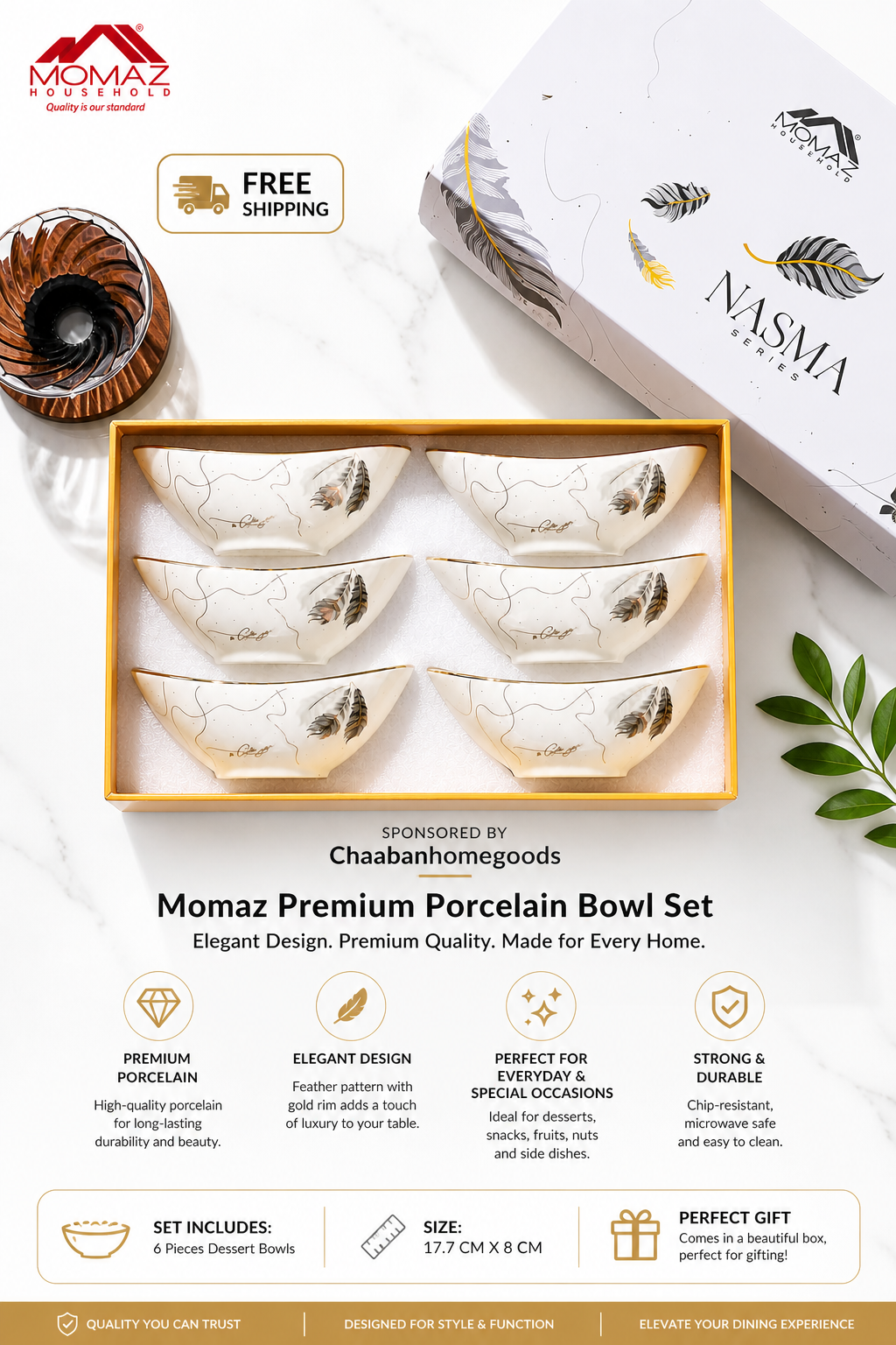 6-Piece Porcelain Dessert Bowl Set with Gold Rim – NASMA Series | Elegant Serving Bowls