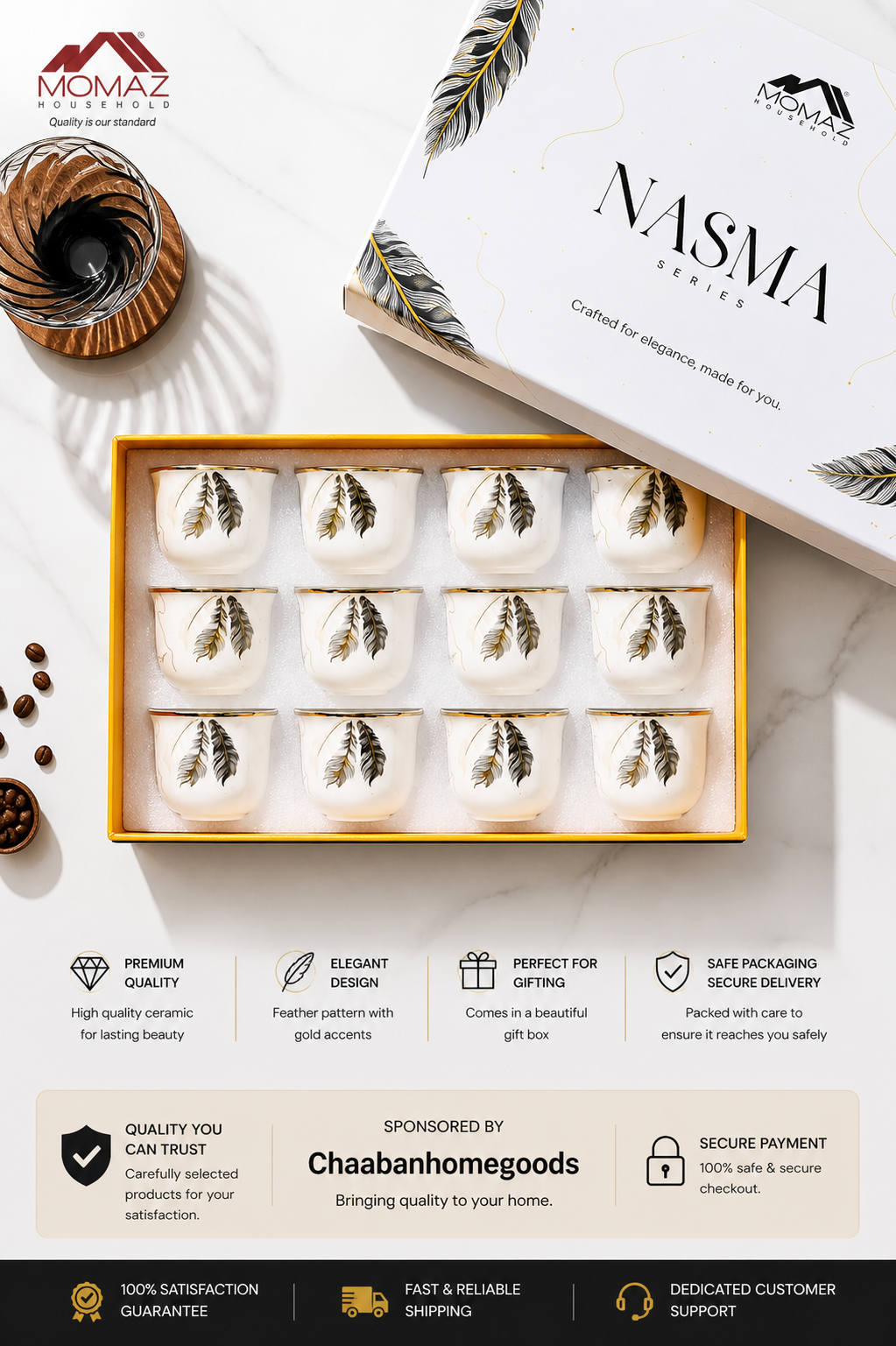 12-Piece Premium Porcelain Tea Cup Set – NASMA Series Luxury Arabic Coffee Cups