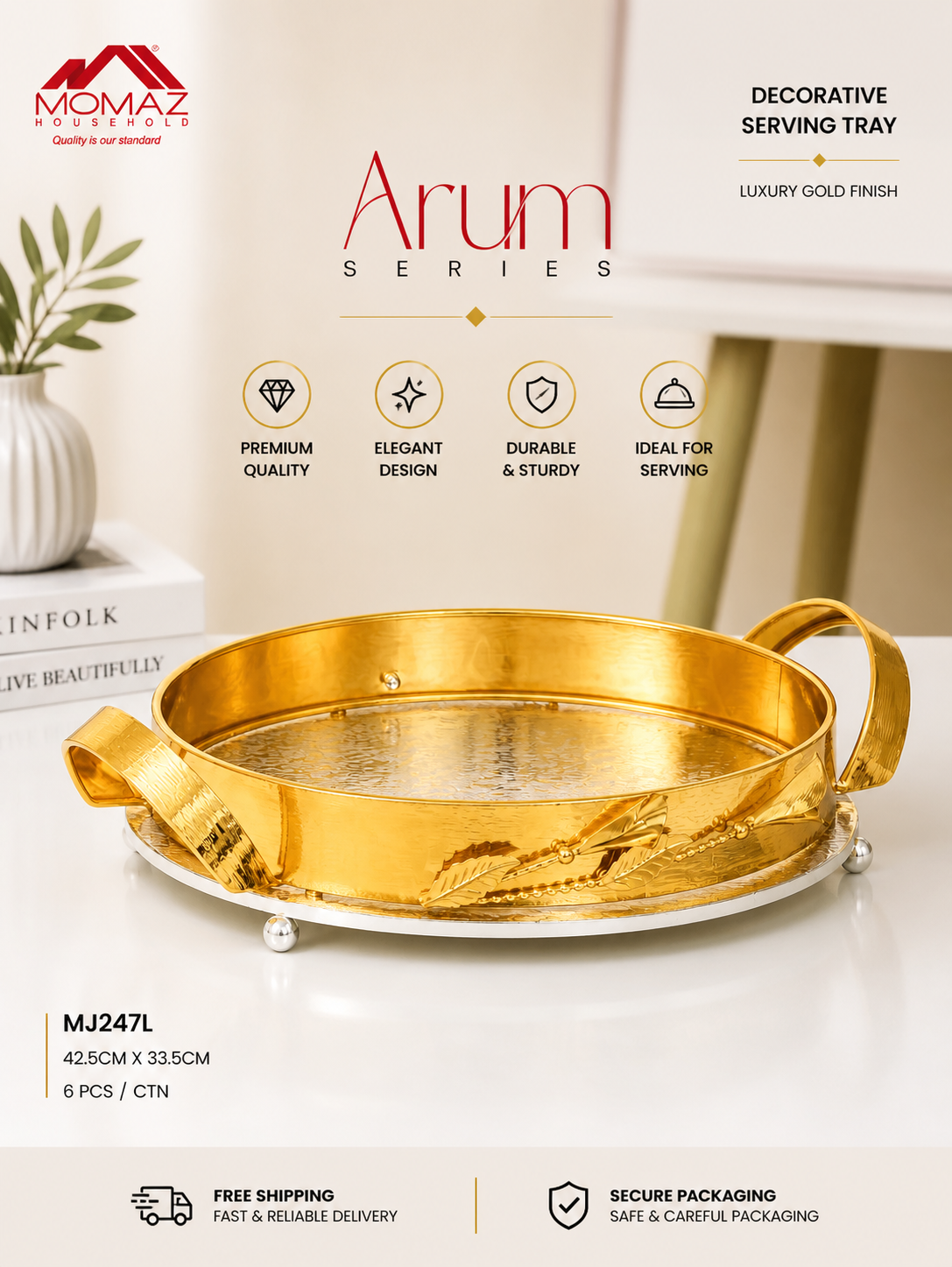 Arum Series Luxury round Gold Serving Tray with Handles – Premium Decorative Tray