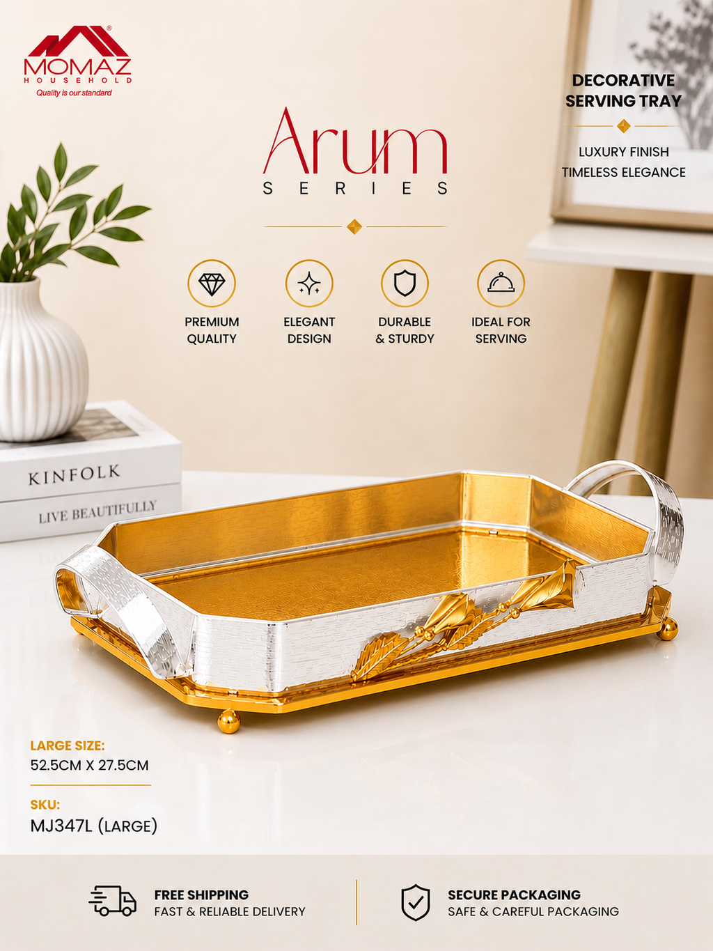 Momaz Arum Series Luxury rectangle Decorative Serving Tray – Gold & Silver Finish Large Serving Platter