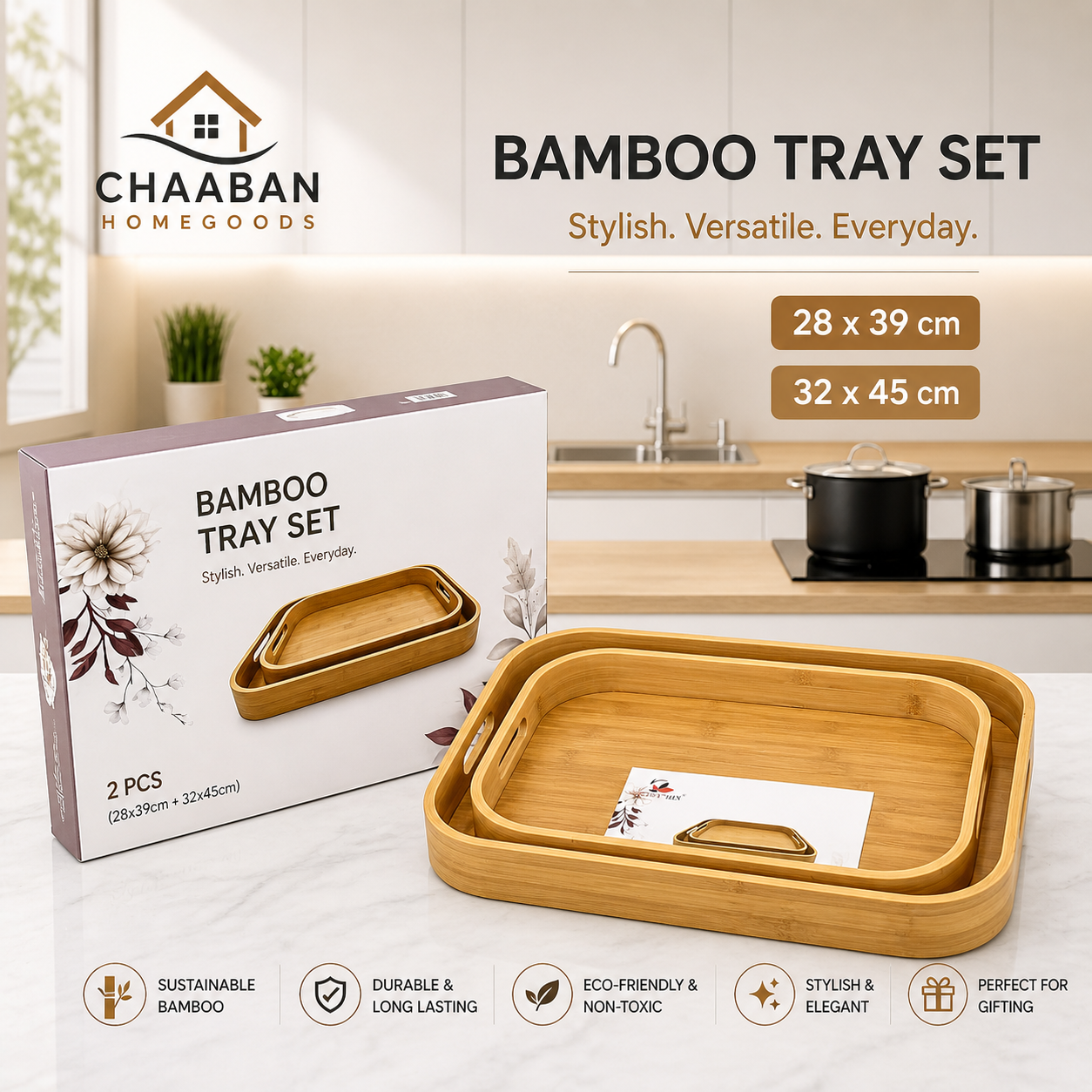 2-Piece Bamboo Serving Tray Set (28x39 cm & 32x45 cm) – Durable & Elegant | Chaaban Homegoods