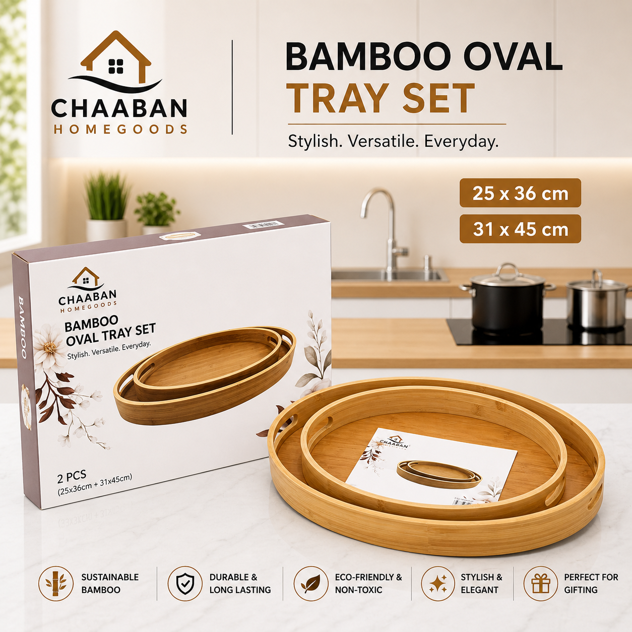 2-Piece Bamboo Oval Serving Tray Set (25x36 & 31x45 cm) – Elegant Nesting Trays | Chaaban Homegoods