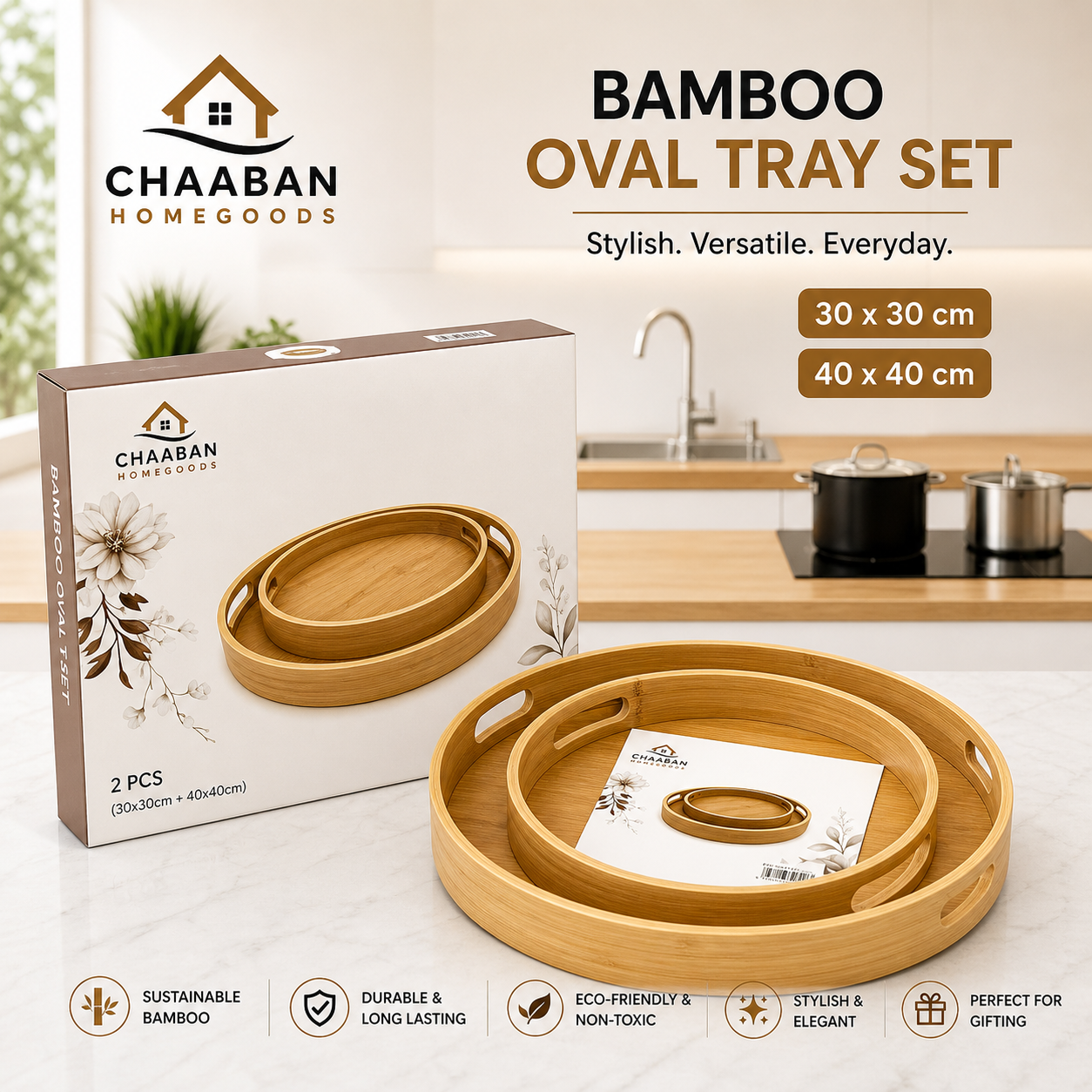 2-Piece Round Bamboo Serving Tray Set (30x30 & 40x40 cm) – Elegant Nesting Trays | Chaaban Homegoods