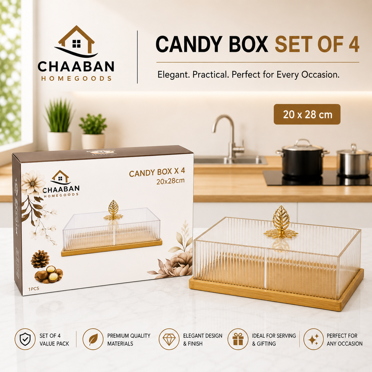 Luxury Candy Box Set of 4 – Elegant Acrylic Snack & Dessert Organizer with Lid | Chaaban Homegoods