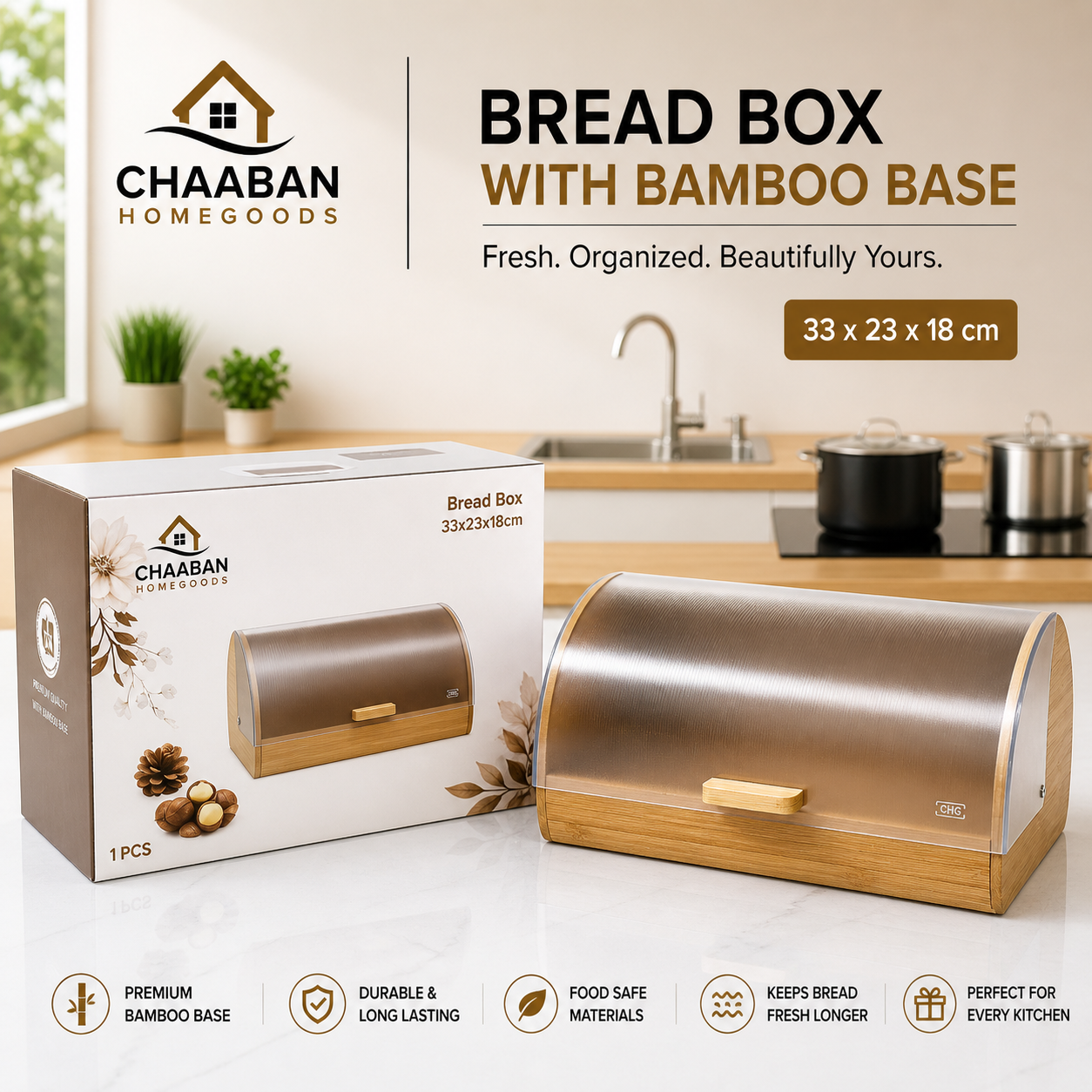 Modern Bread Box with Bamboo Base (33 × 23 × 18 cm) – Kitchen Storage & Fresh Keeper | Chaaban Homegoods