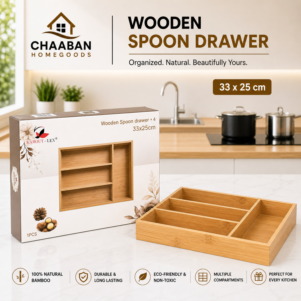 Bamboo Cutlery Drawer Organizer (33 × 25 cm) – Wooden Utensil Tray with Compartments | Chaaban Homegoods