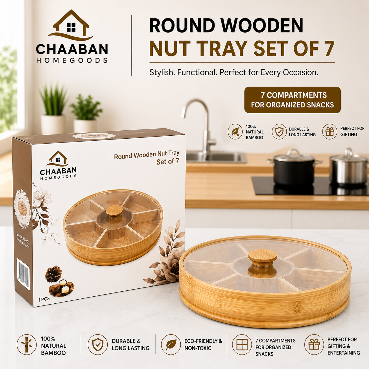 Round Bamboo Snack & Nut Tray Set (7 Compartments) – Rotating Serving Organizer with Lid | Chaaban Homegoods