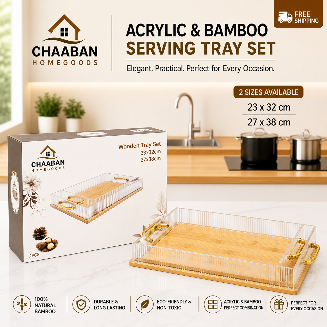 Acrylic & Bamboo Serving Tray Set (2 Sizes) – Luxury Rectangular Trays with Gold Handles | Chaaban Homegoods