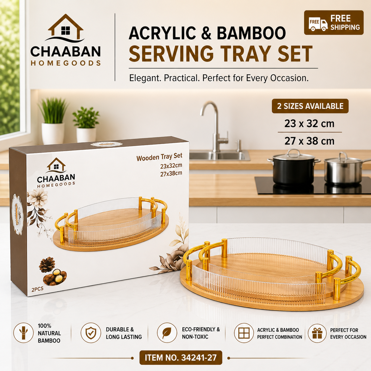 Luxury Acrylic & Bamboo Round Serving Tray Set (2 Sizes) – Gold Handle Display Trays | Chaaban Homegoods