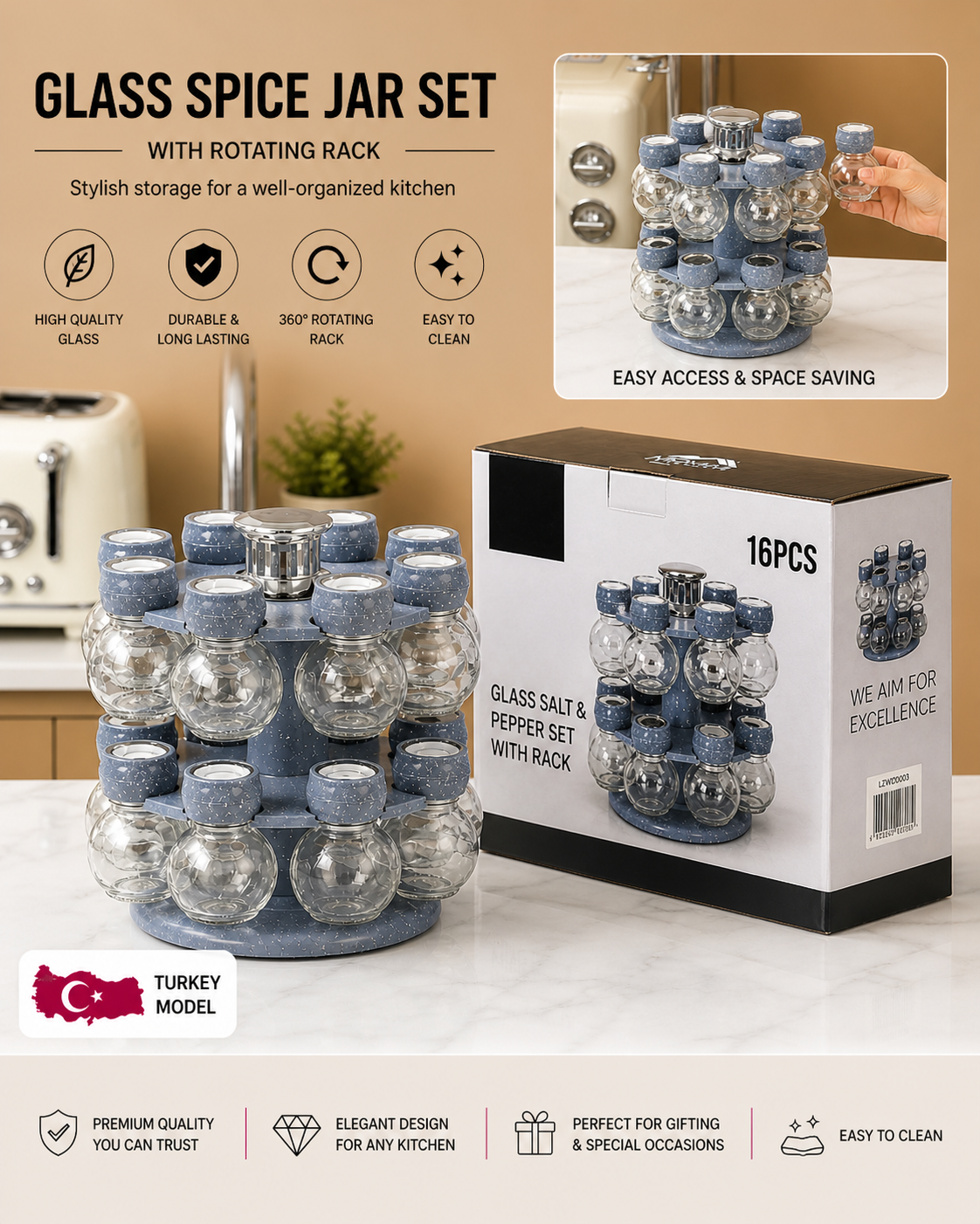 16-Piece Rotating Glass Spice Jar Set with Rack – Premium Kitchen Organizer