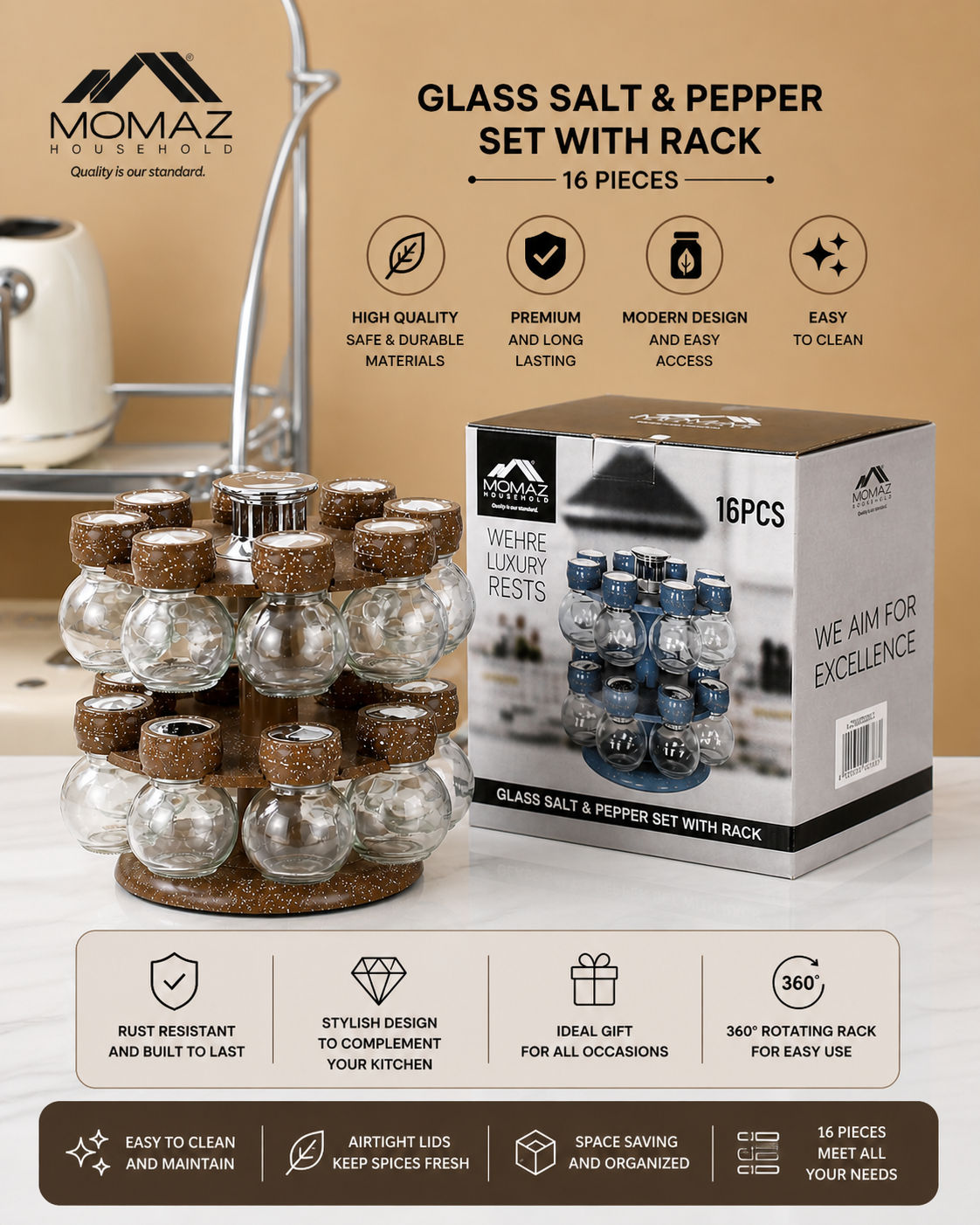 16-Piece Rotating Glass Spice Jar Set with Rack – Premium Kitchen Organizer