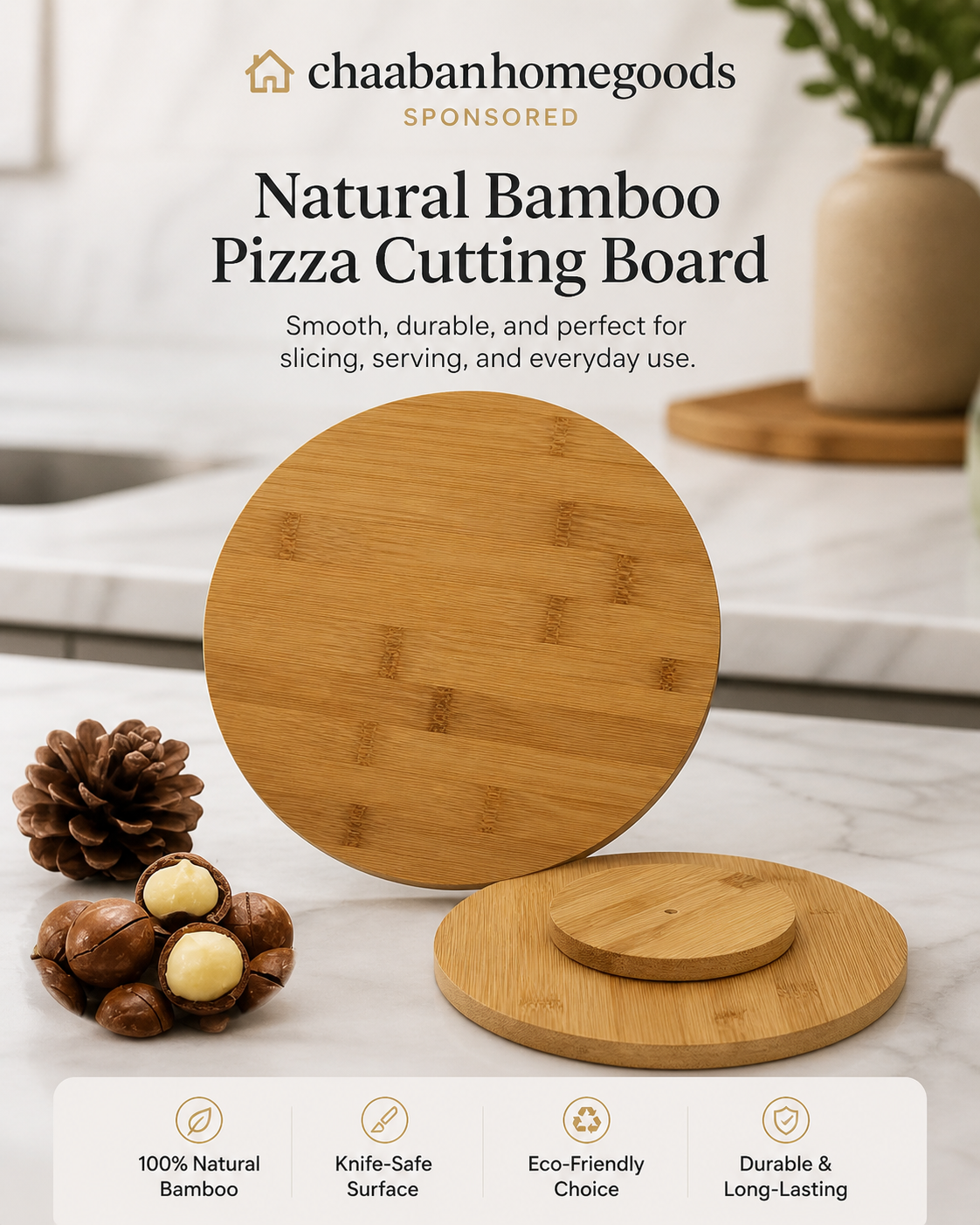 Natural Bamboo Pizza Cutting Board with Rotating Base – Durable Kitchen Serving Tray
