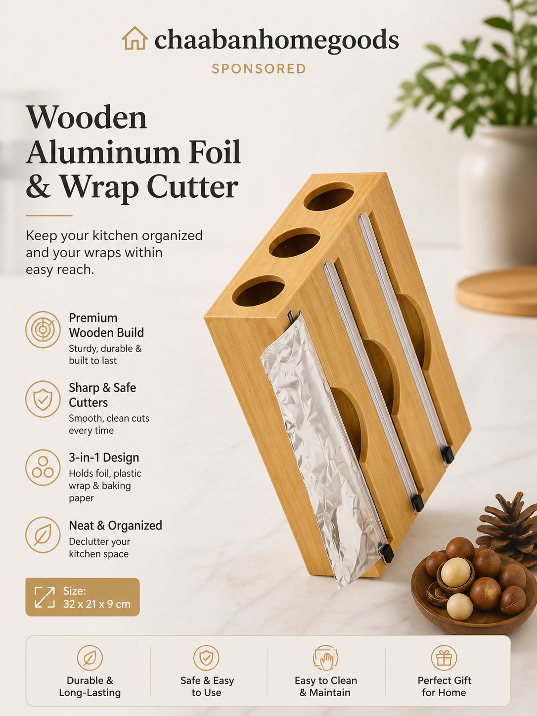 3-in-1 Wooden Aluminum Foil & Plastic Wrap Dispenser with Cutter – Kitchen Organizer Box