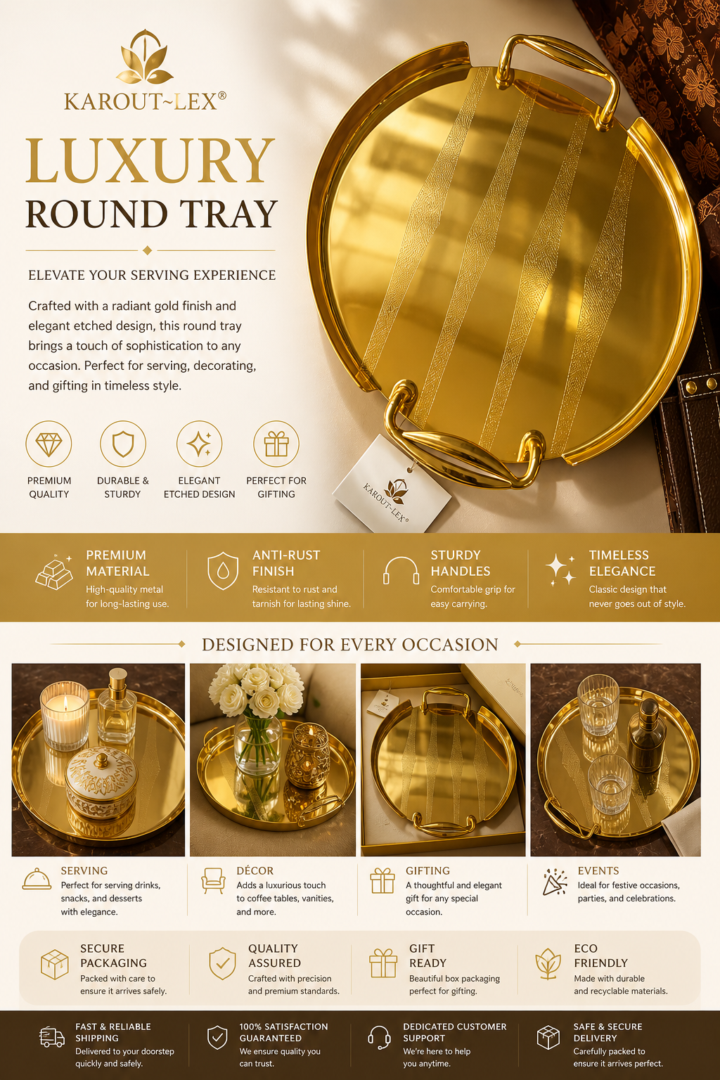 Luxury Silver and Gold  Round Serving Tray with Elegant Handles – Decorative Hosting Platter