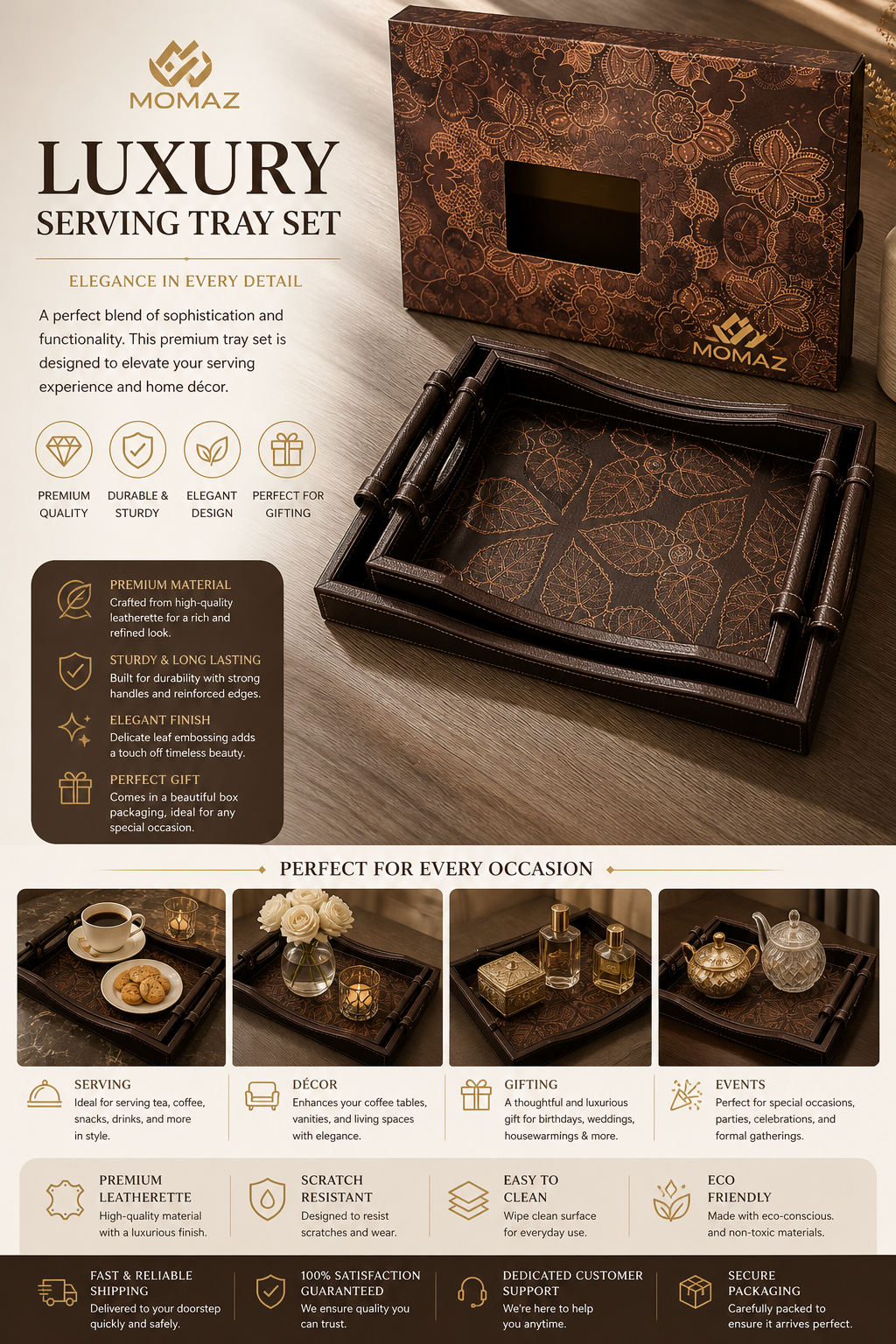 Momaz Luxury Serving 2 Peice Tray Set – Premium Decorative Leatherette Tray with Handles