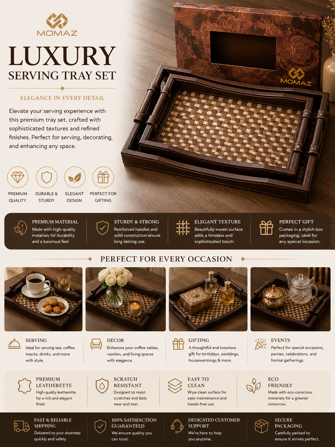 Momaz Woven Luxury Serving Tray Set – Premium Decorative Leatherette Trays with Handles