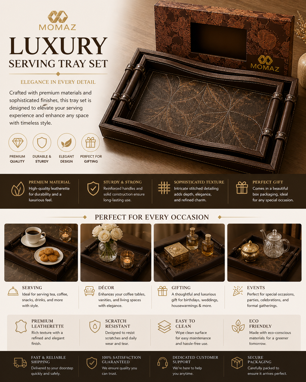 Momaz Premium Leatherette 2 Peice Serving Tray Set – Luxury Decorative Serving Trays with Handles