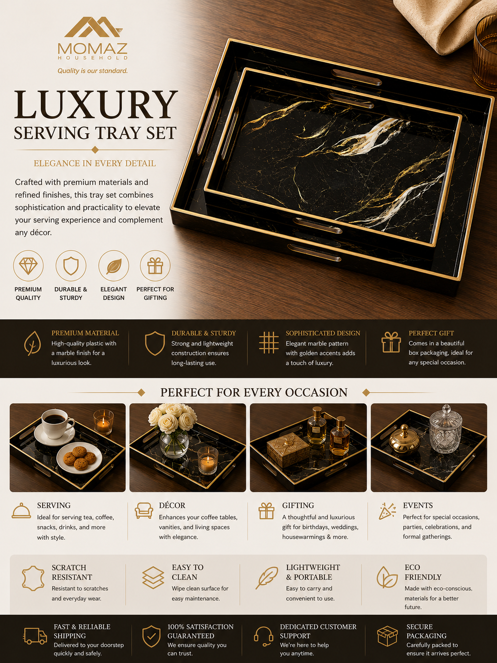 Momaz Marble Luxury Serving Tray Set – White & Gold-Black and Gold  Decorative Serving Trays