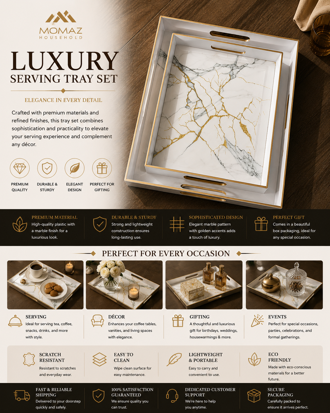 Momaz Marble Luxury Serving Tray Set – White & Gold-Black and Gold  Decorative Serving Trays