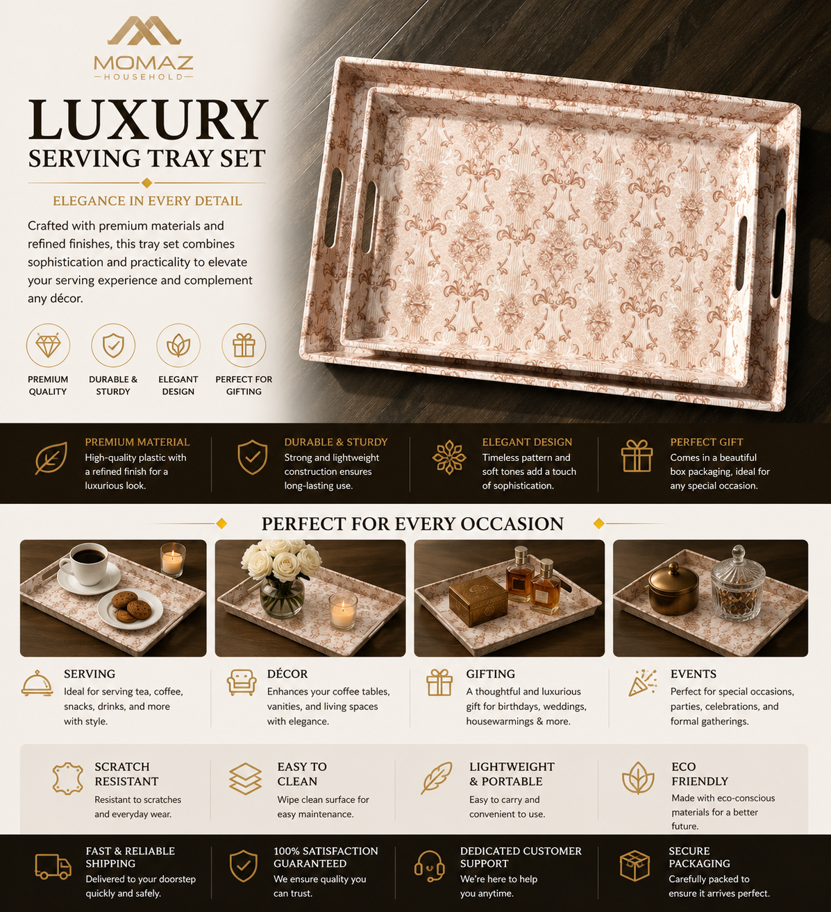 Luxury Floral Melamine Serving Tray Set – Decorative Tray with Handles