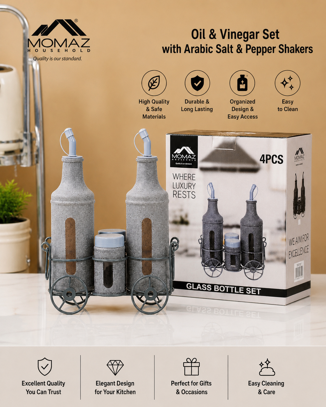 Elegant Oil & Vinegar Glass Bottle Set with Salt & Pepper Shakers – 4 Piece Kitchen Organizer