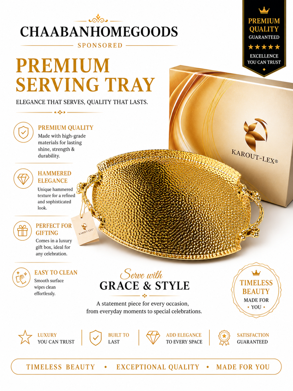Luxury Hammered Gold Serving Tray – Elegant Decorative Oval Tray with Handles