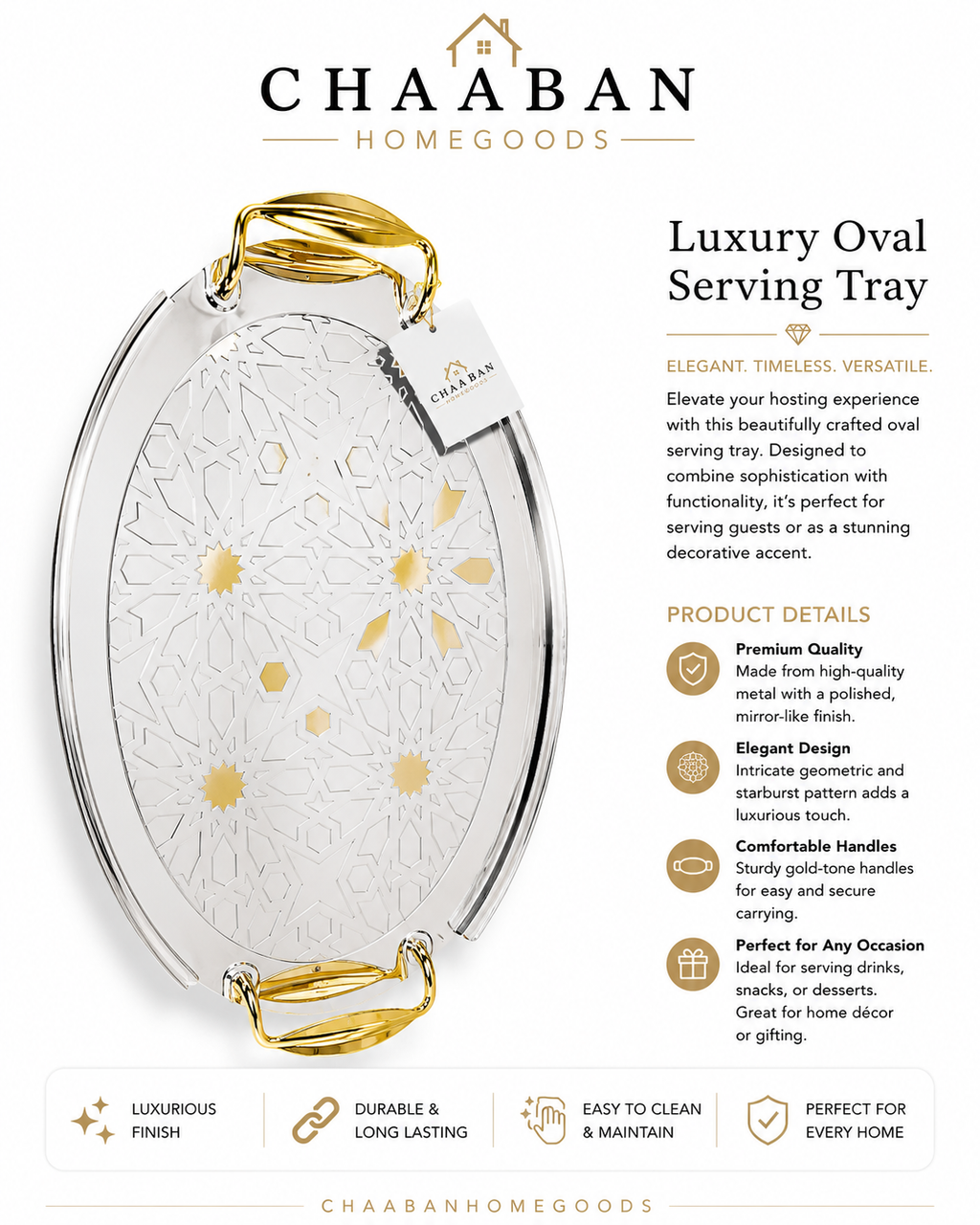 Luxury Silver & Gold Serving Tray – Elegant Oval Decorative Tray with Engraved Design