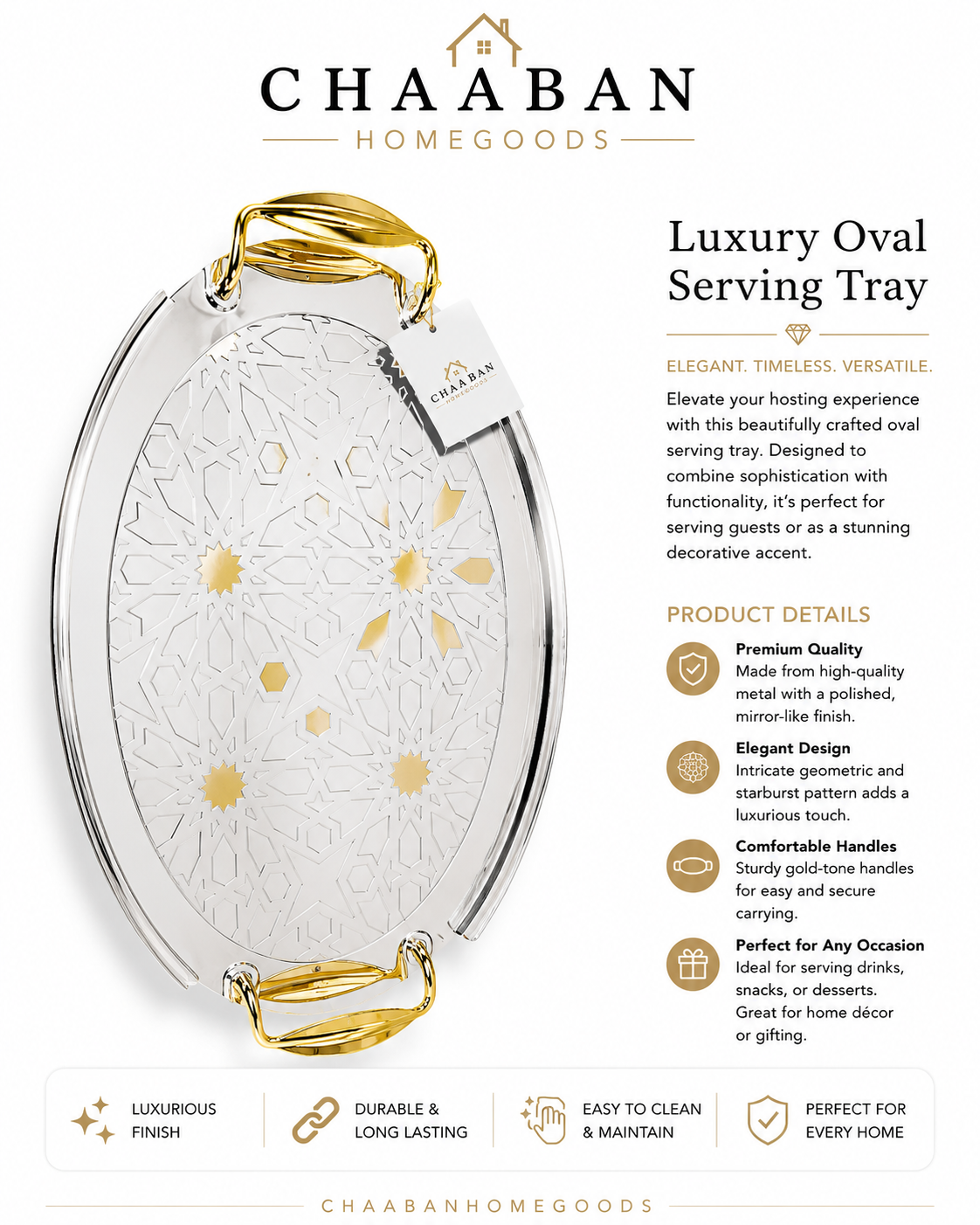 Luxury Silver & Gold Serving Tray – Elegant Oval Decorative Tray with Engraved Design