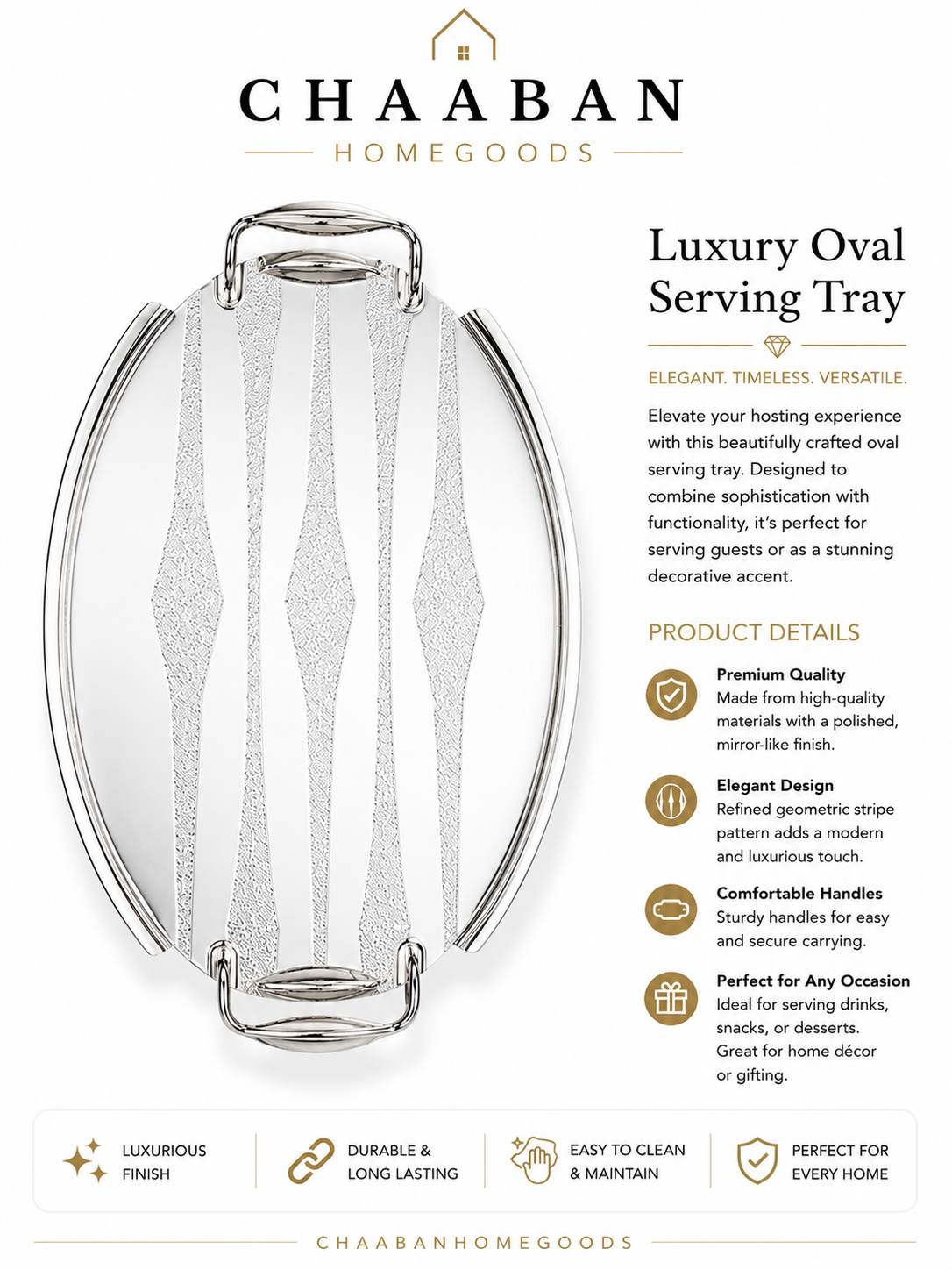 Luxury Oval Mirror Serving Tray – Modern Wave Design Decorative Tray with Elegant Handles (Silver,Gold)