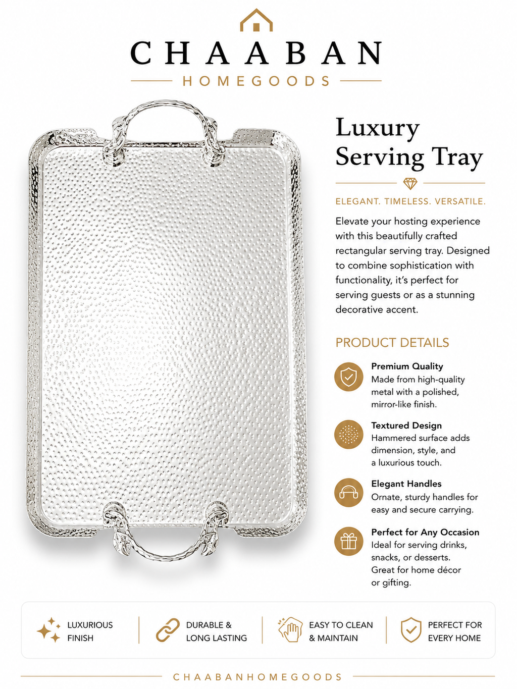 Luxury Hammered Silver Serving Tray – PremiumDecorative Tray with Handles(Rectangular,Oval,Round)