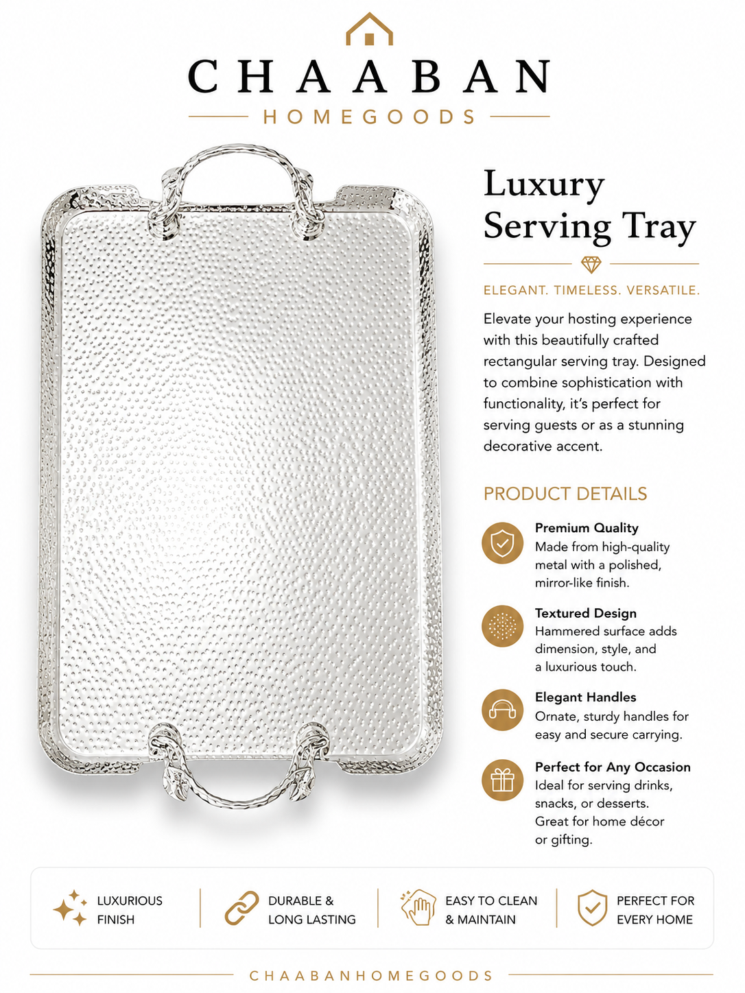 Luxury Hammered Silver Serving Tray – PremiumDecorative Tray with Handles(Rectangular,Oval,Round)