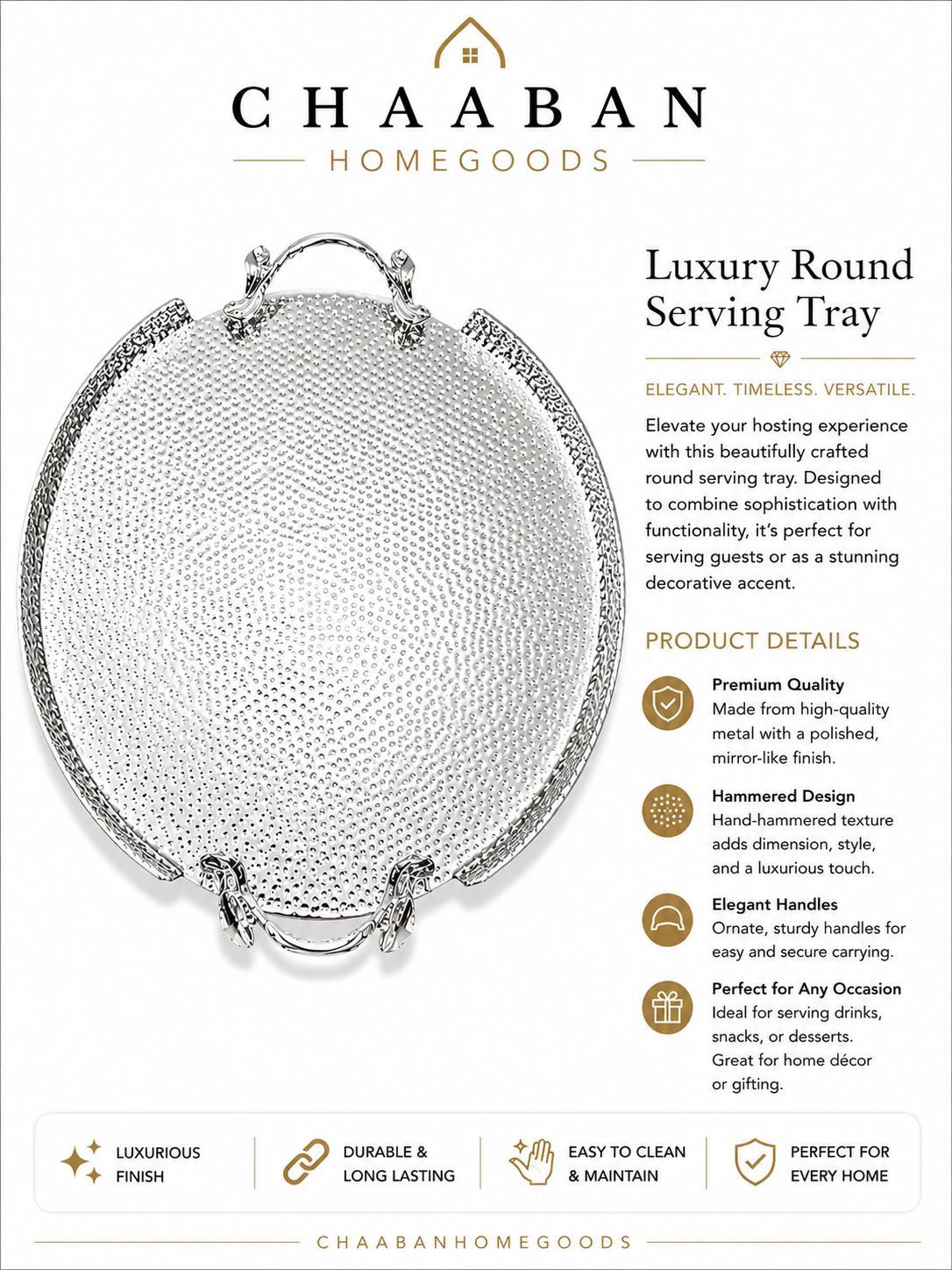 Luxury Hammered Silver Serving Tray – PremiumDecorative Tray with Handles(Rectangular,Oval,Round)