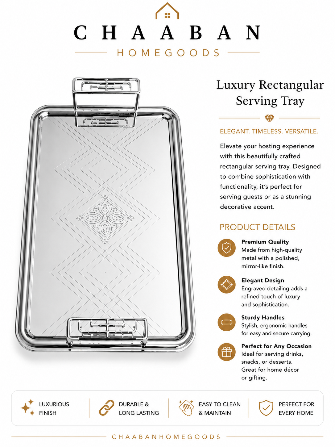 Luxury Etched Serving Tray with  Handles – Premium Decorative & Serving Platter(Silver,Gold)