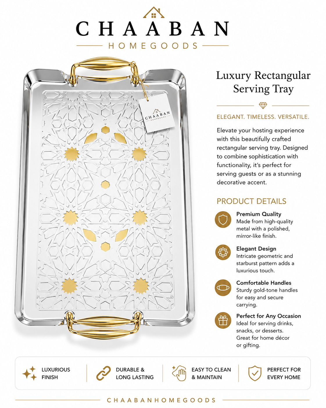 Luxury Silver & Gold Serving Tray – Elegant Oval Decorative Tray with Engraved Design